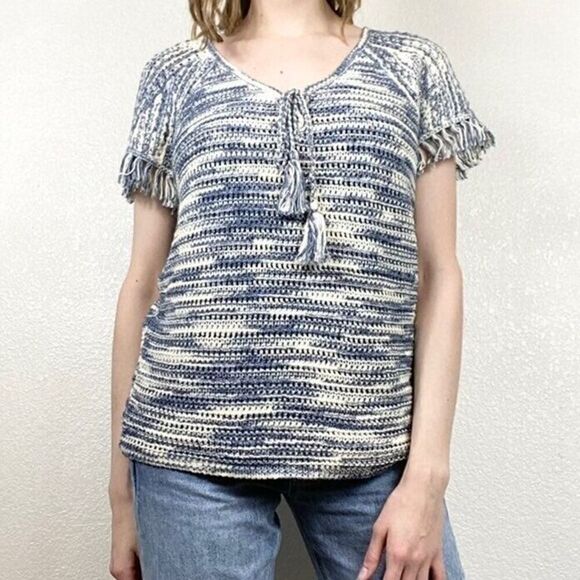 Massimo Dutti Blue White Short Sleeve Fringe Trim Knitted Sweater Blouse Size S - Picture 1 of 6